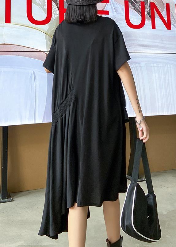 Black Tunics O Neck Cinched Maxi Asymmetric Dress
