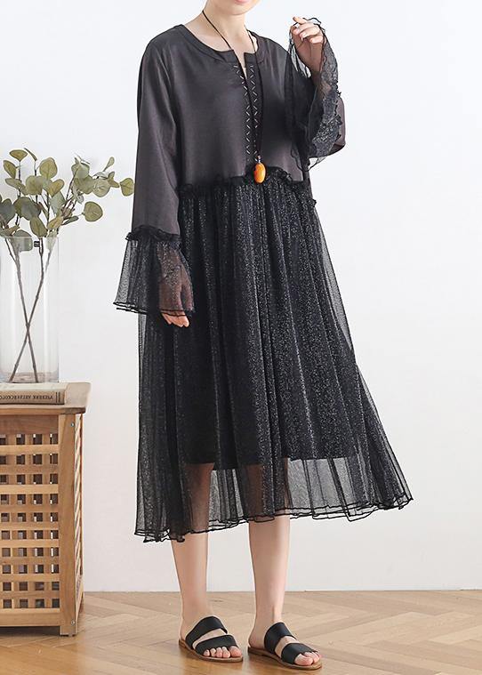 Black Chiffon Dress Long Outfits O Neck Petal Sleeve Summer Dress