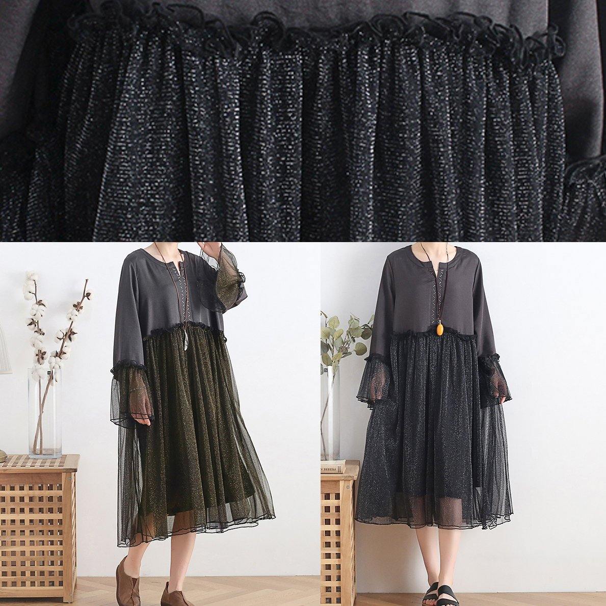 Black Chiffon Dress Long Outfits O Neck Petal Sleeve Summer Dress