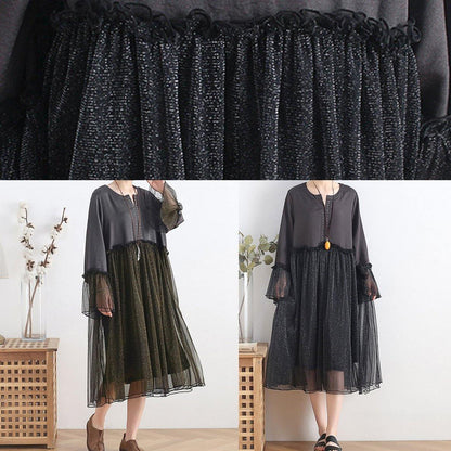 Black Chiffon Dress Long Outfits O Neck Petal Sleeve Summer Dress