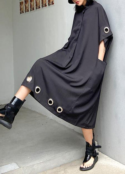 Black Cotton Tunics Lapel Patchwork Maxi Summer Dress
