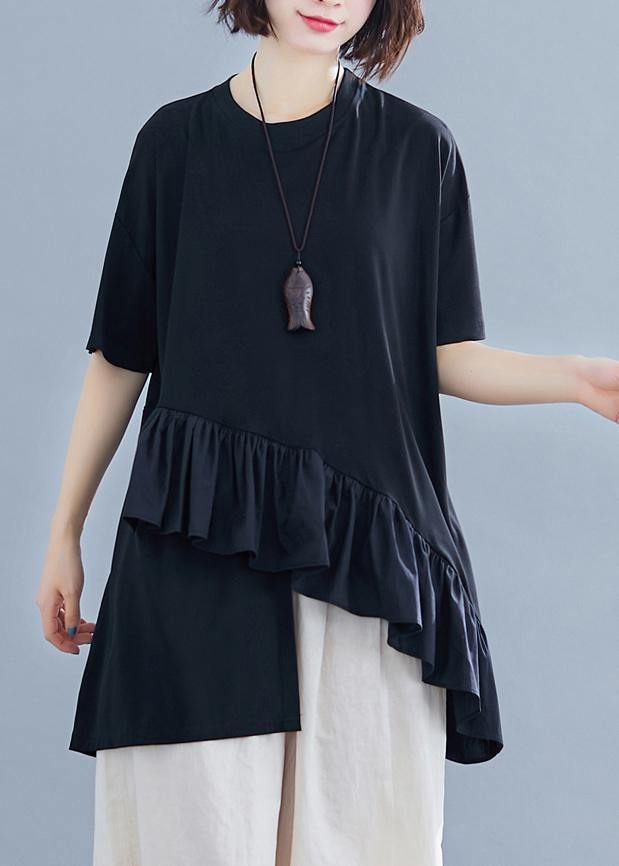 Black Cotton Clothes for Ruffles Asymmetric Midi Summer Blouses
