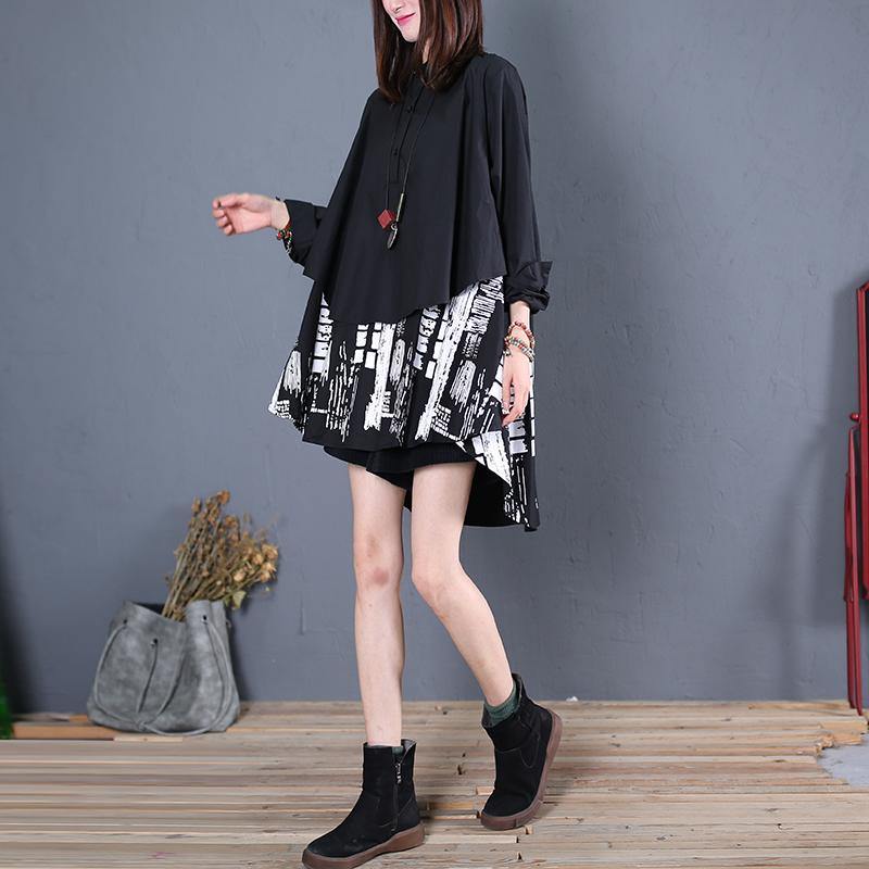 Black Cotton Clothes for Patchwork Daily Fall Long Shirt