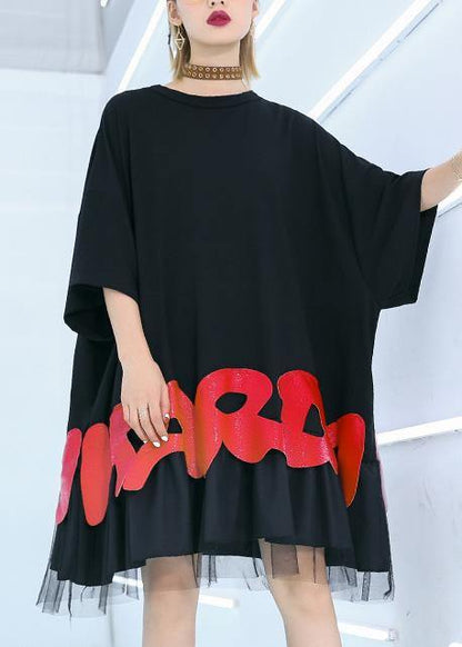 Black Cotton Clothes for Red Alphabet Prints Tunic Summer Shirt