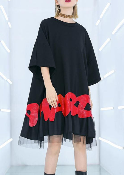 Black Cotton Clothes for Red Alphabet Prints Tunic Summer Shirt
