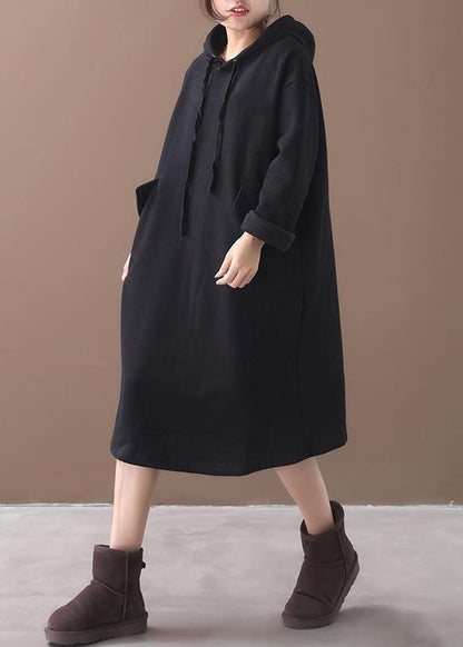 Black Cotton Clothes Hooded Long Winter Dress