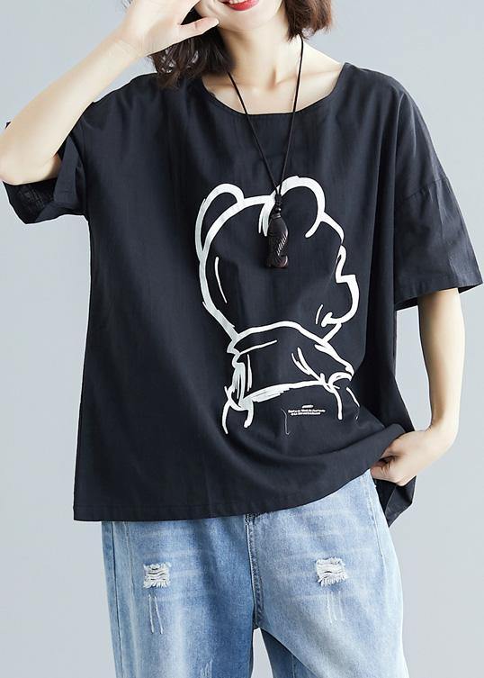 Black Cotton Crane Tops Short Sleeve Art Summer Blouses