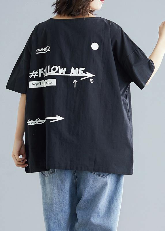 Black Cotton Crane Tops Short Sleeve Art Summer Blouses