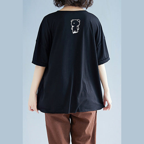 Black Cotton Linen Tops Fine Neckline Batwing Sleeve O Neck Box Shirts