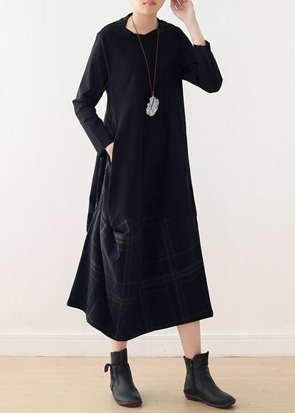 Black Cotton Quilting Clothes Fitted Pattern O Neck False Two Pieces Maxi Spring Dresses