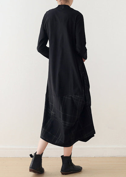 Black Cotton Quilting Clothes Fitted Pattern O Neck False Two Pieces Maxi Spring Dresses