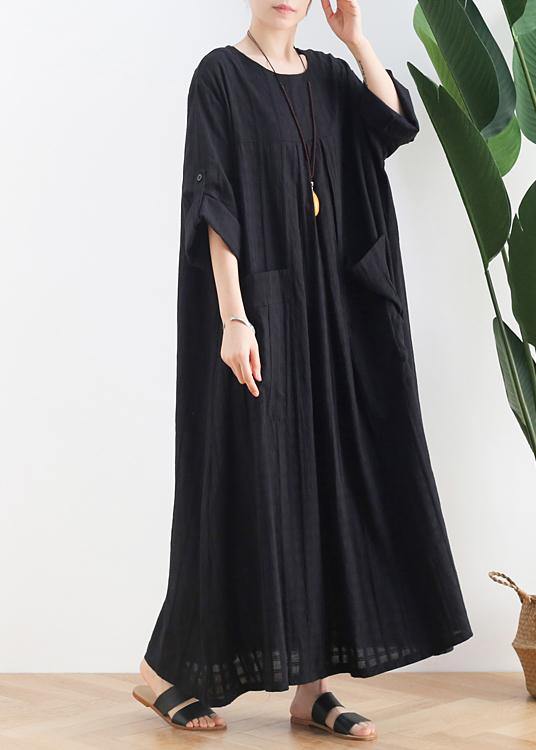 Black Cotton Quilting Dresses O Neck Batwing Sleeve Maxi Dresses