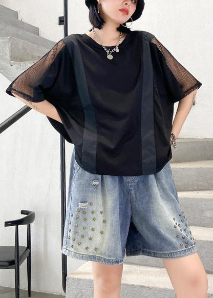 Black Cotton Shirts O Neck Patchwork Tulle Summer Blouses