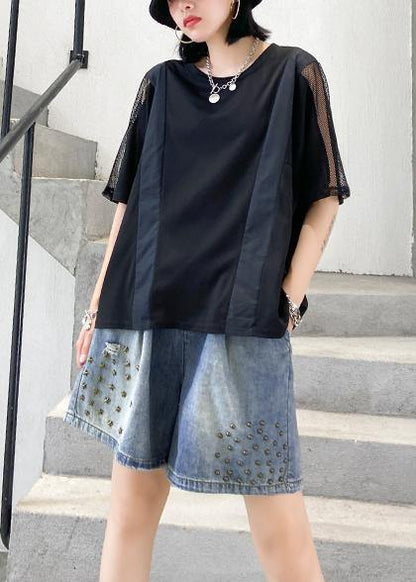 Black Cotton Shirts O Neck Patchwork Tulle Summer Blouses