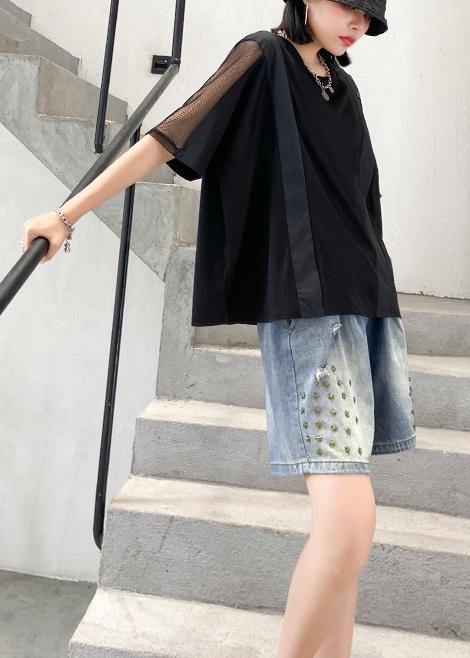 Black Cotton Shirts O Neck Patchwork Tulle Summer Blouses