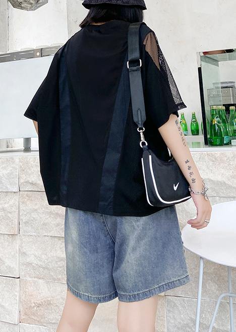 Black Cotton Shirts O Neck Patchwork Tulle Summer Blouses
