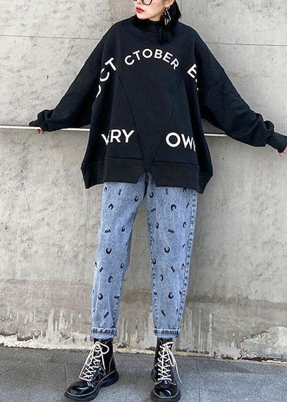 Women black cotton shirts patchwork alphabet loose spring tops