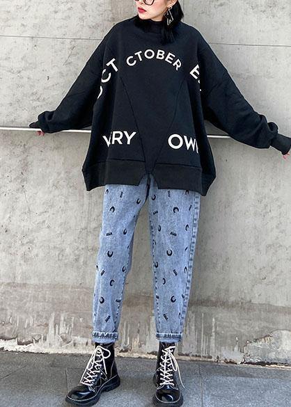 Black Cotton Shirts Patchwork Alphabet Loose Spring Tops