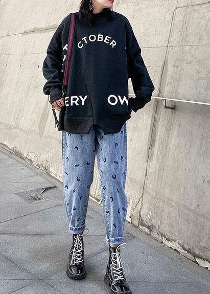 Women black cotton shirts patchwork alphabet loose spring tops
