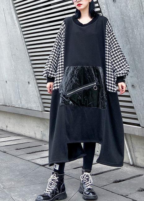 Black Cotton Tunic Dress Asymmetric Hem a Line Patchwork Dresses