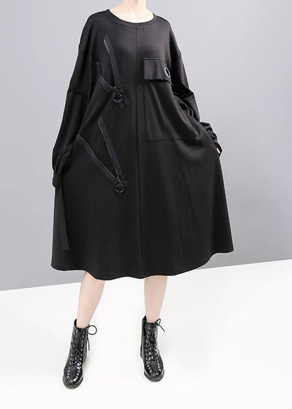 Black Cotton Tunic Pattern Big Pockets Long Zippered Dresses
