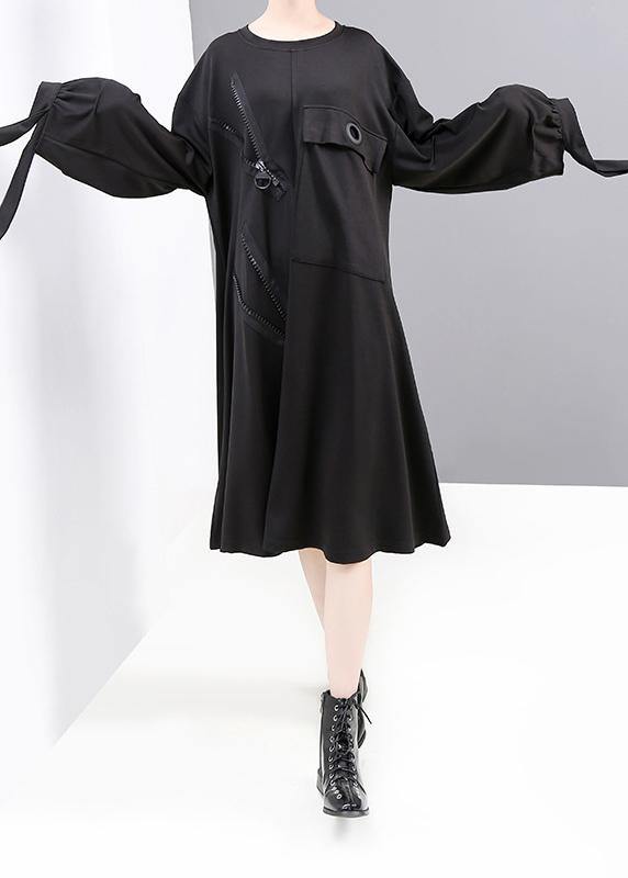 Black Cotton Tunic Pattern Big Pockets Long Zippered Dresses