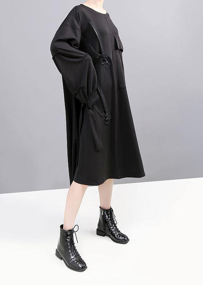 Black Cotton Tunic Pattern Big Pockets Long Zippered Dresses