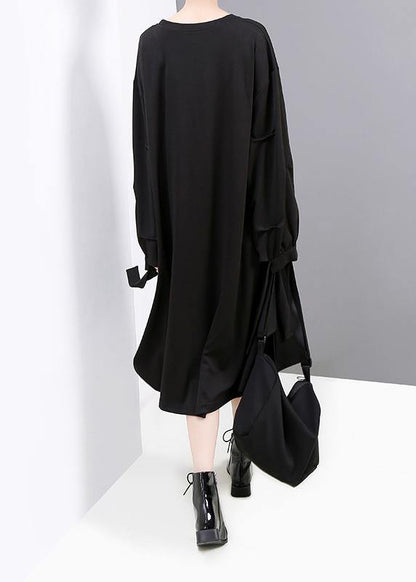Black Cotton Tunic Pattern Big Pockets Long Zippered Dresses