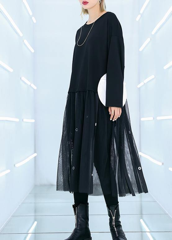 Black Cotton Tunic Top Patchwork Traveling Summer Dress