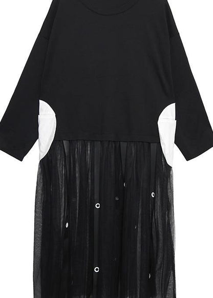Black Cotton Tunic Top Patchwork Traveling Summer Dress