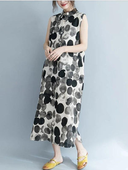 Black Dotted Cotton Quilting Clothes Turn-down Collar Sleeveless Dresses