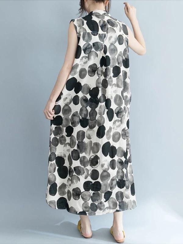 Black Dotted Cotton Quilting Clothes Turn-down Collar Sleeveless Dresses