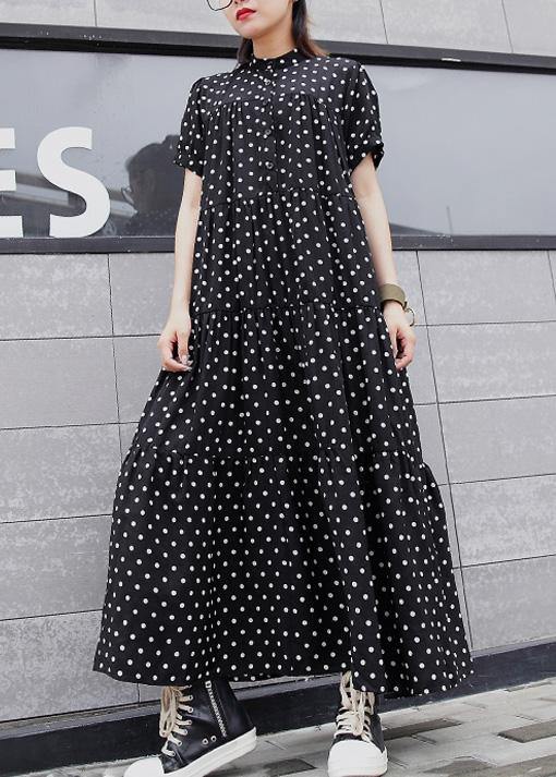 Black Dotted Cotton Dress Stand Collar Maxi Summer Dress