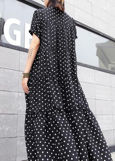 Black Dotted Cotton Dress Stand Collar Maxi Summer Dress