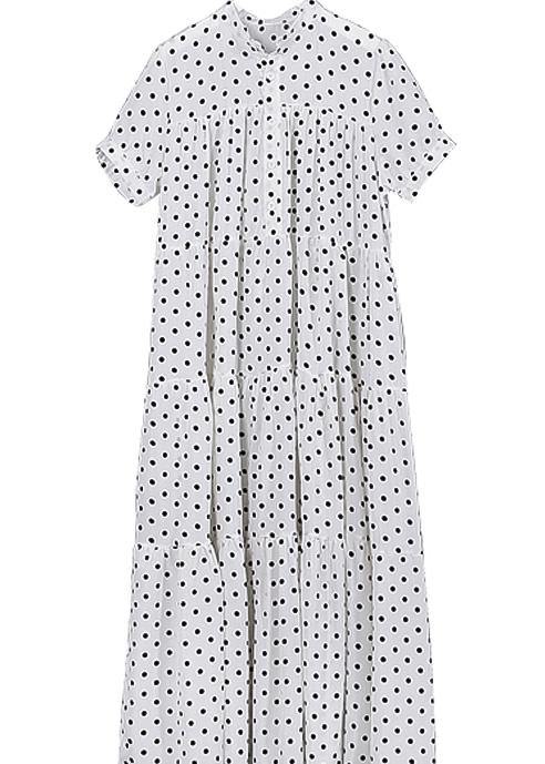 Black Dotted Cotton Dress Stand Collar Maxi Summer Dress