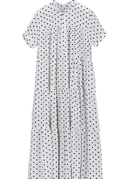 Black Dotted Cotton Dress Stand Collar Maxi Summer Dress