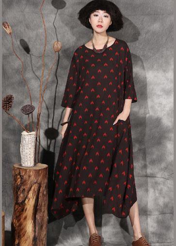 Black Dotted Linen Outfit Bracelet Sleeved a Line Asymmetric Hem Dress