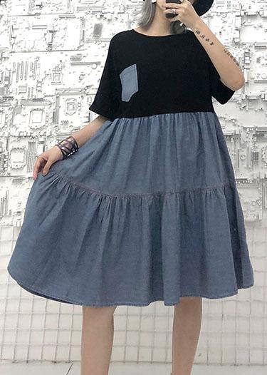 Black High Waist Cotton Tunics Patchwork Robe Summer Dress