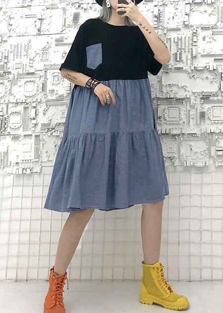 Black High Waist Cotton Tunics Patchwork Robe Summer Dress