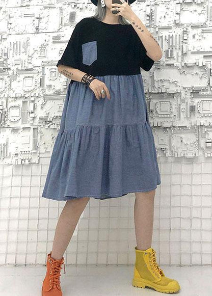 Black High Waist Cotton Tunics Patchwork Robe Summer Dress