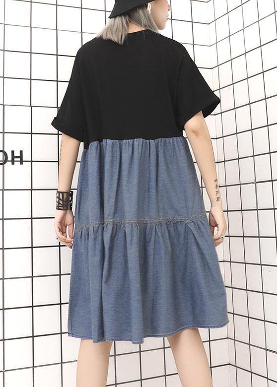 Black High Waist Cotton Tunics Patchwork Robe Summer Dress