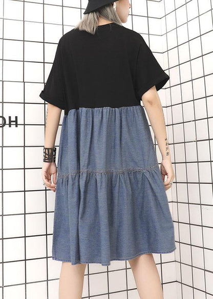 Black High Waist Cotton Tunics Patchwork Robe Summer Dress