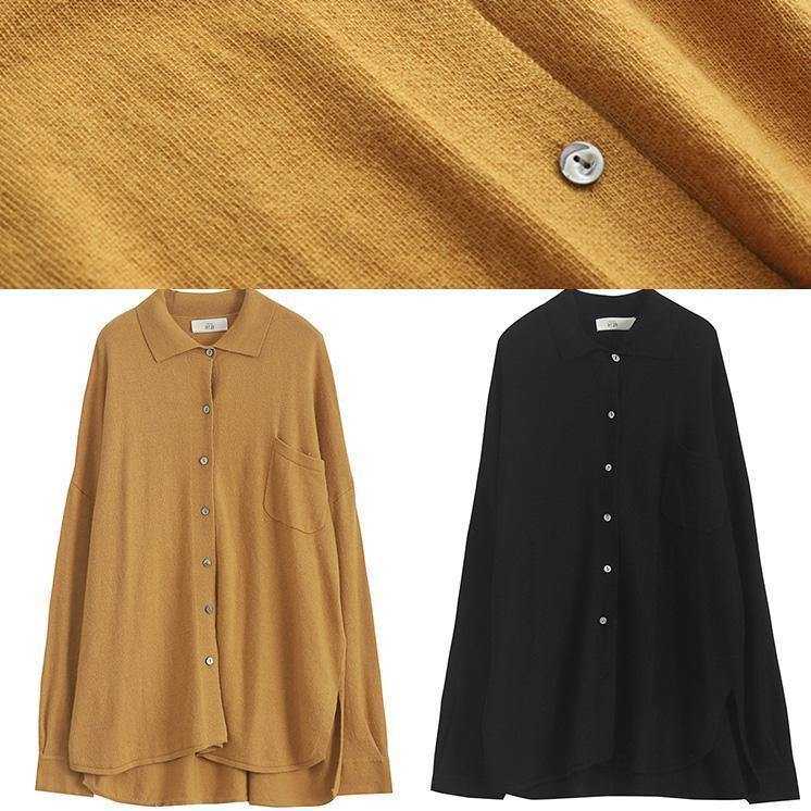 Black Knit Blouse Lapel Collar Knitted Blouse Fall
