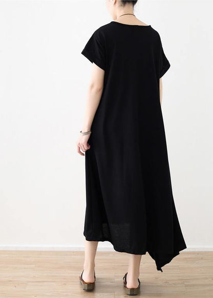 Black Linen Clothes for Asymmetric Hem Long Summer Dress