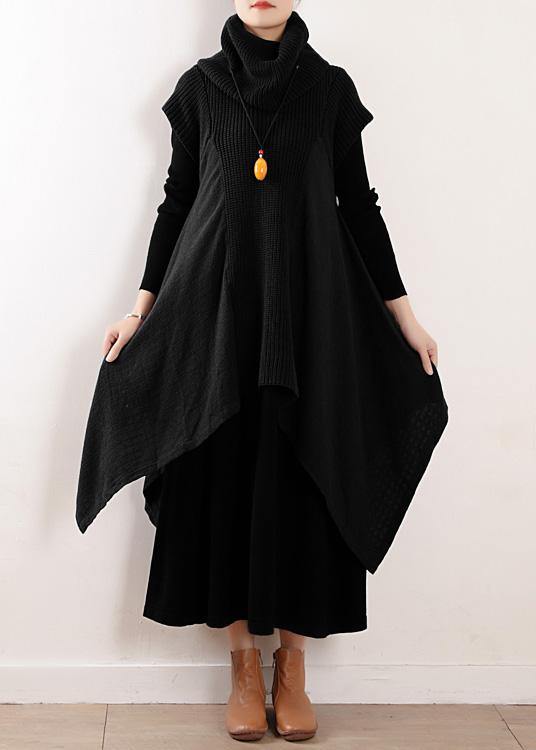 Black Linen Clothes for High Neck Asymmetric Patchwork Fall Dresses