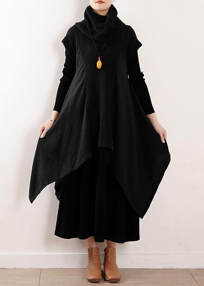Black Linen Clothes for High Neck Asymmetric Patchwork Fall Dresses