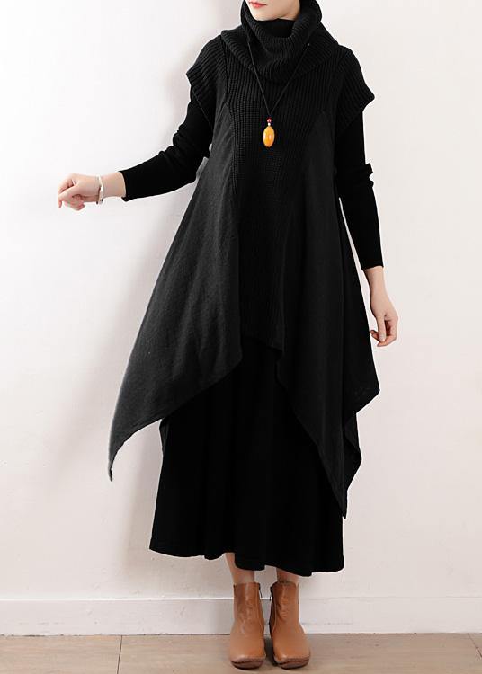 Black Linen Clothes for High Neck Asymmetric Patchwork Fall Dresses