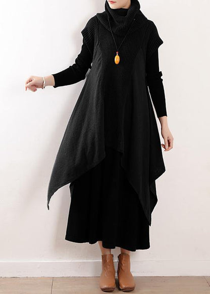 Black Linen Clothes for High Neck Asymmetric Patchwork Fall Dresses