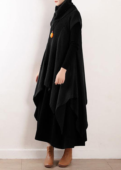 Black Linen Clothes for High Neck Asymmetric Patchwork Fall Dresses