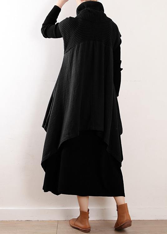 Black Linen Clothes for High Neck Asymmetric Patchwork Fall Dresses